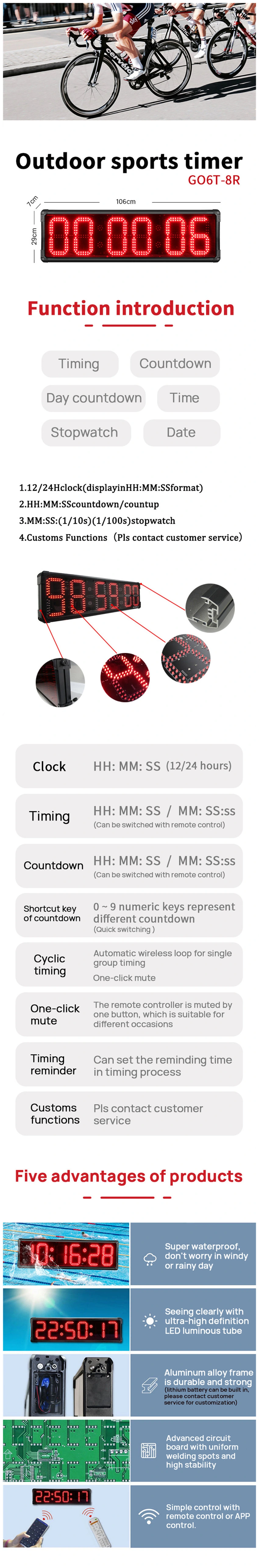 Remote Control Outdoor Waterproof 8′ ′ 6 Digits Big Size Running Clock Running Timer 7 Segment Large Race Timing Clock LED Digital Clock Race Timer